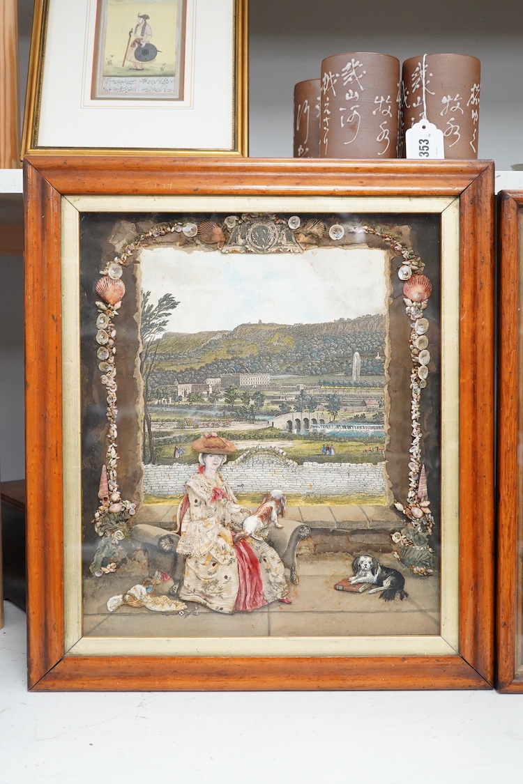 Two 18th century and later prints, watercolours and collages, Seated women and dogs before landscapes, each with shellwork borders, 40 x 33cm, maple framed